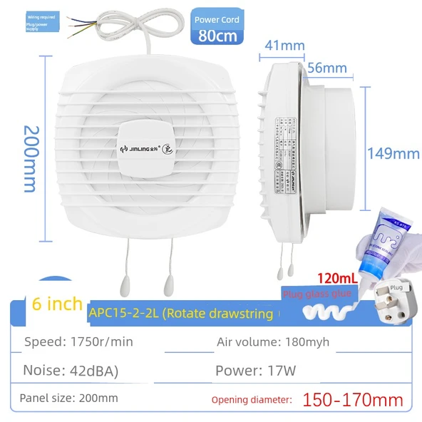 6 İnç Düz Sıra İki Çekme İp Anahtarlı Egzoz Fanı - 80cm Kablo + Cam Yapıştırıcı