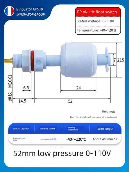 PP Plastik Anti-Korozyon Sıvı Seviye Float Anahtarı - 52mm 0~110V