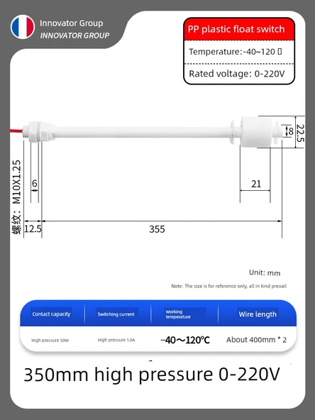 PP Plastik Anti-Korozyon Sıvı Seviye Float Anahtarı - 350mm 0~220V