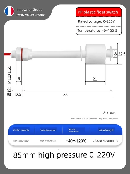 PP Plastik Anti-Korozyon Sıvı Seviye Float Anahtarı - 85mm 0~220V