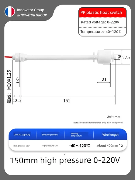 PP Plastik Anti-Korozyon Sıvı Seviye Float Anahtarı - 150mm 0~220V