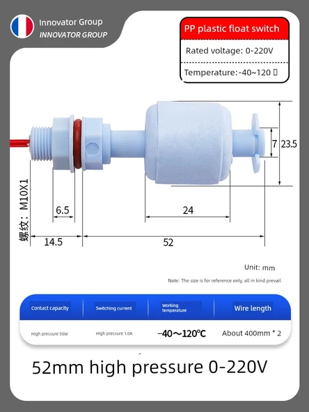 PP Plastik Anti-Korozyon Sıvı Seviye Float Anahtarı - 52mm 0~220V