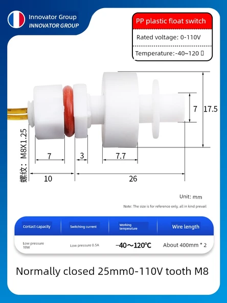 PP Plastik Anti-Korozyon Sıvı Seviye Float Anahtarı - Normal Kapalı P25(0-110V) Diş M8