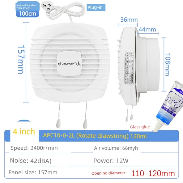 4 İnç Duvar Tipi İki Çekme İp Anahtarlı Egzoz Fanı - 1 Metre Kablo + Cam Yapıştırıcı