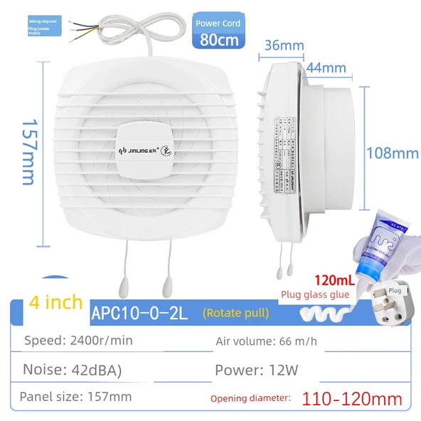 4 İnç Düz Sıra İki Çekme İp Anahtarlı Egzoz Fanı - 80cm Kablo + Cam Yapıştırıcı