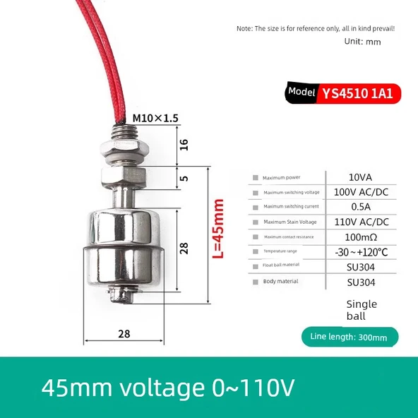 Yüksek Sıcaklık Dayanıklı 304 Paslanmaz Çelik Küçük Floater Anahtar Su Seviyesi Kontrol Cihazı - Tek Top 45mm 110V
