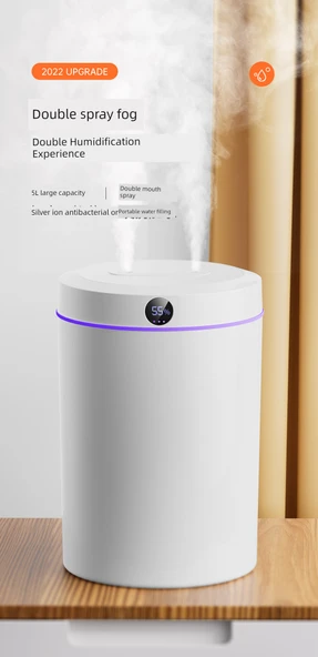 5L Büyük Kapasiteli USB Nemlendirici - Dijital Ekran +5 Pamuk Çubuğu Nem İzleme Çift Başlı Büyük Sprey - 7