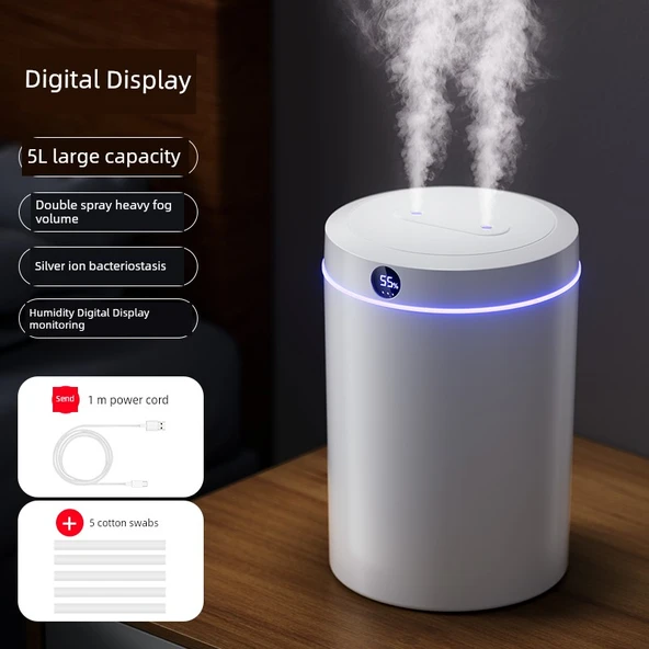 5L Büyük Kapasiteli USB Nemlendirici - Dijital Ekran +5 Pamuk Çubuğu Nem İzleme Çift Başlı Büyük Sprey