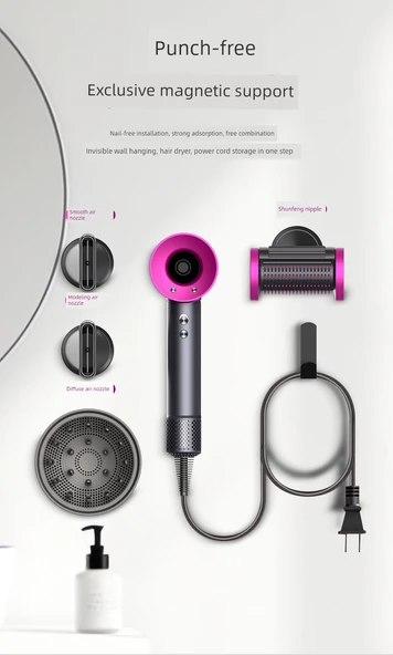 Saç Kurutma Makinesi Askısı - Saç Kurutma Makinesi Askısı + Askı + Manyetik Emme Nozul Askısı x5 - 8