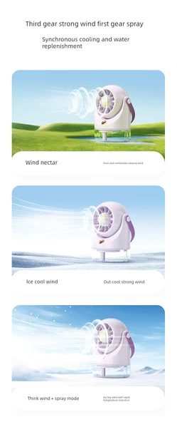 Masaüstü Su Soğutmalı Sprey Fan - Mor - 2000mAh - Mini Taşınabilir Sessiz - 11