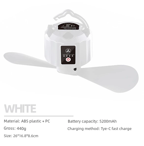 USB Kamp Çadırı Aydınlatma Lambası - Uzaktan Kumandalı Fan - Beyaz - 5200mAh - 5H-25H Kullanım Süresi
