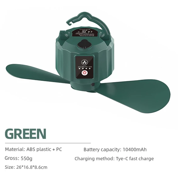 USB Kamp Çadırı Aydınlatma Lambası - Uzaktan Kumandalı Fan - Yeşil - 10400mAh - 12H-35H Kullanım Süresi