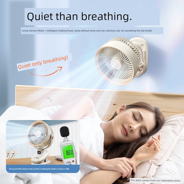 Klipli Taşınabilir Şarjlı Fan - Otomatik Baş Sallama - Buz Beyazı - 60 Saat - 2
