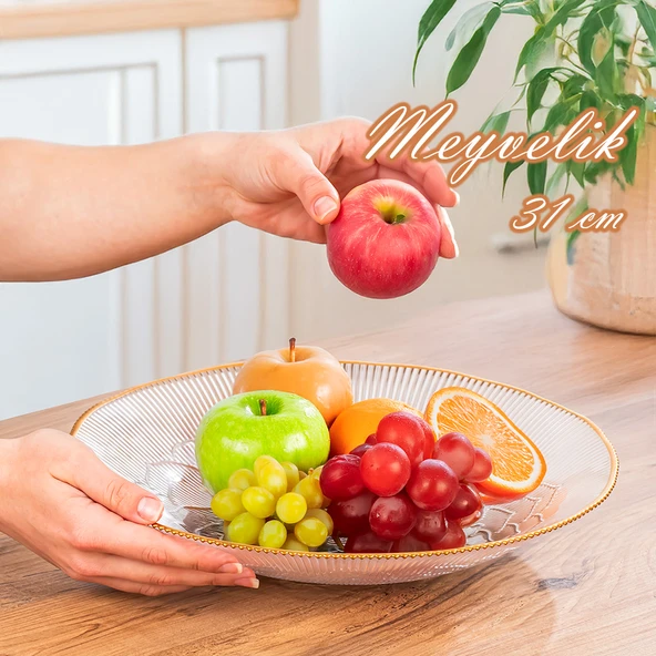 Porsima 31581 Capira Altın Yaldızlı Cam Meyvelik Sunumluk 31 Cm