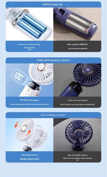 Taşınabilir USB Şarjlı Elektrikli Fan - 72 Saat Cangling Yeşil - Akıllı Dijital Ekran - 5 Hız Ayarlı - Masaüstü + Taşınabilir + Boyun Askılı - 9