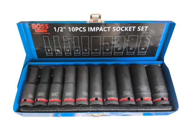 Boss 10 Parça 1/2" Uzun Ağır Havalı Lokma Takımı (Metal kutulu) - 1