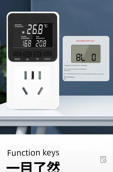 Dijital Ekran Termostat Priz Anahtarı - 10A Küçük Priz - Yüksek Hassasiyet Tek Ekran Kauçuk Başlık 2500W - 11