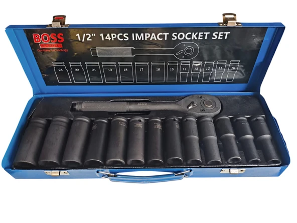 Boss 14 Parça 1/2" Uzun Ağır Havalı Lokma Cırcır Takımı (Metal kutulu) - 1