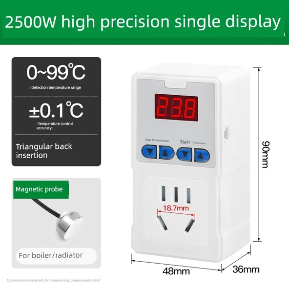 Dijital Ekran Termostat Priz Anahtarı - 10A Küçük Priz - Yüksek Hassasiyet Tek Mıknatıslı Başlık 2500W
