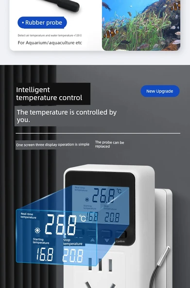 Dijital Ekran Termostat Priz Anahtarı - 10A Küçük Priz - Yüksek Hassasiyet LCD Üçlü Ekran Hava Başlığı 2500W Arka Işıklı - 7