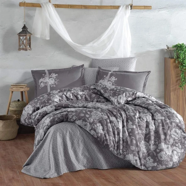 Clasy %100 Pamuk Saten Çift Kişilik Nevresim Takımı Monica V2 Antrasit - 2