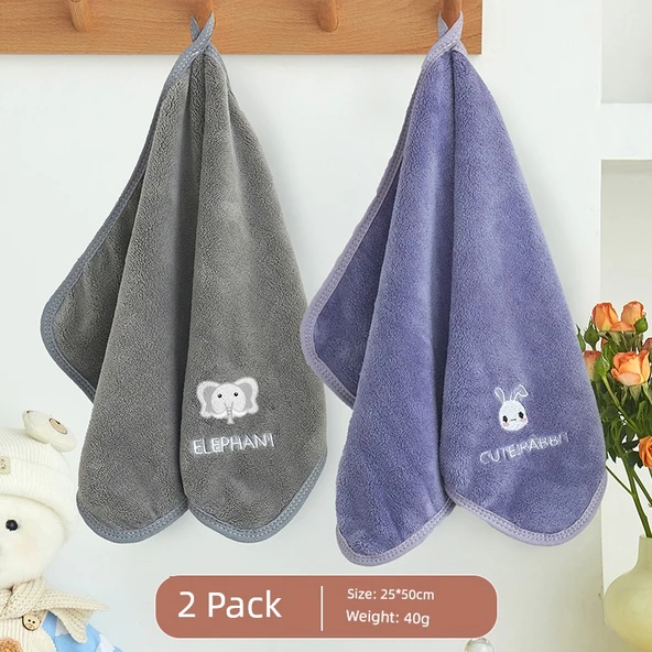 Su Emici Hızlı Kuruyan Yumuşak Çocuk Havlusu - 25x50cm - 2 Paket - Fil + Tavşan