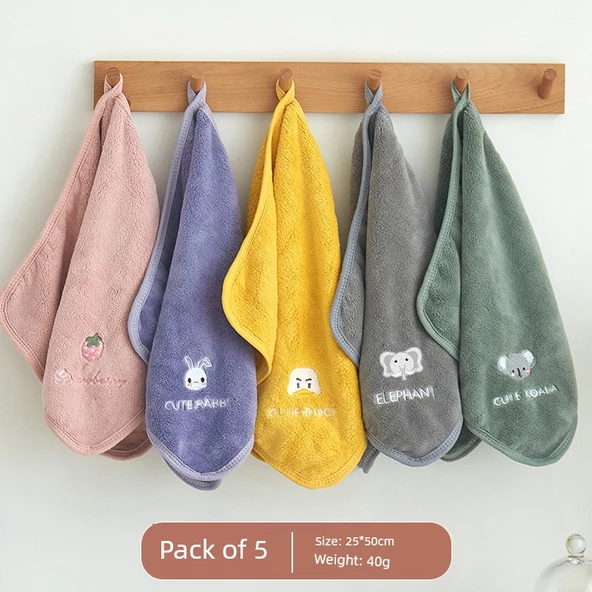 Su Emici Hızlı Kuruyan Yumuşak Çocuk Havlusu - 25x50cm - 5 Paket - Tavşan + Fil + Koala + Çilek + Ördek