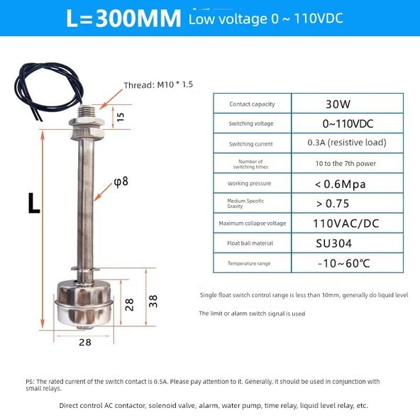 Oda Sıcaklığı Paslanmaz Çelik Float Switch - 300mm DC 0~110V