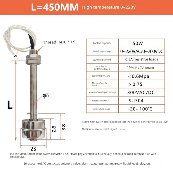 Yüksek Sıcaklık Paslanmaz Çelik Float Switch - 450mm 0~220V