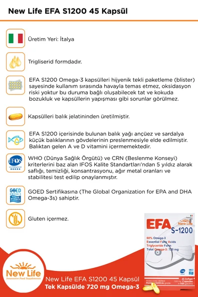 NEW LİFE Efa S-1200 45 Kapsül Balık Yağı - 720 Mg Omega 3 - 396 Mg EPA - 264 Mg DHA - Resim 3