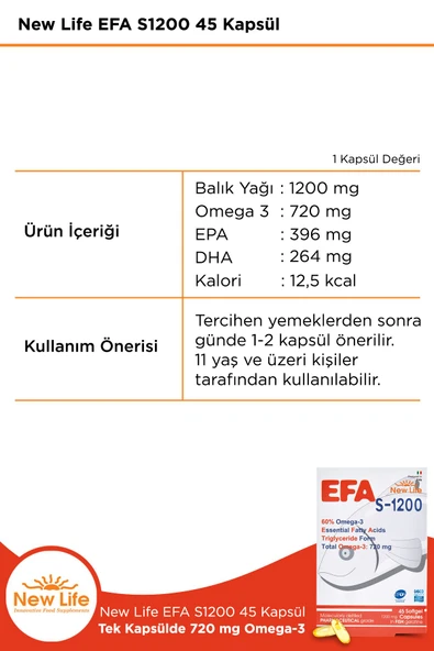 NEW LİFE Efa S-1200 45 Kapsül Balık Yağı - 720 Mg Omega 3 - 396 Mg EPA - 264 Mg DHA - Resim 2