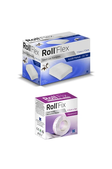 ROLL FLEX Steril Gaz Kompres Gazlı Bez Spanç 7.5cm x 7.5cm 100'lü + Tıbbi Esnek Flaster 2.5cm x 5mt