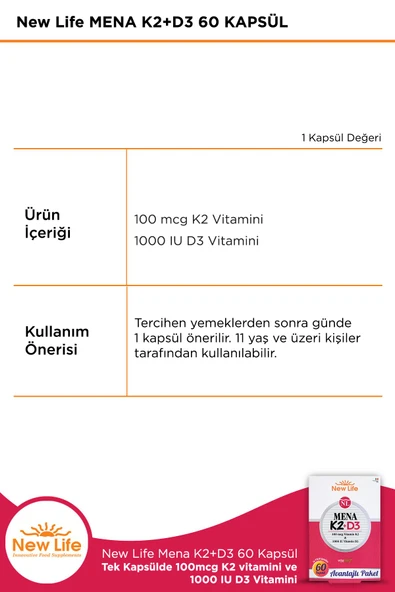 NEW LİFE Mena K2 D3 60 Kapsül - 100mcg K2 Vitamini + 1000IU D3 Vitamini - Resim 2