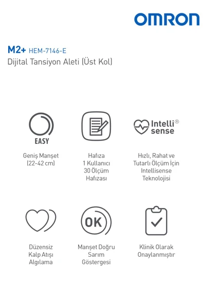 OMRON M2+ 30 Ölçüm Hafızalı Geniş Manşetli Üst Koldan Ölçer Dijital Tansiyon Aleti HEM-7146-E - Resim 3