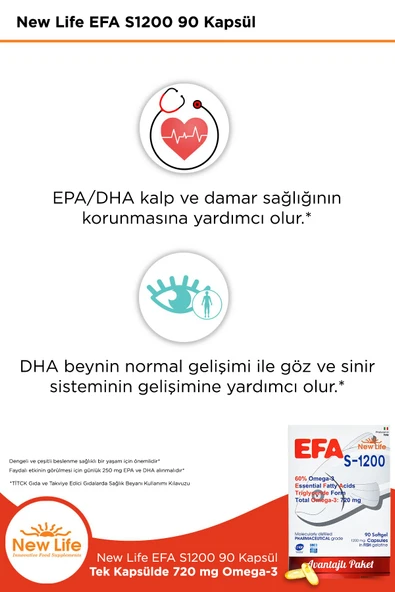 NEW LİFE Efa S-1200 90 Kapsül Balık Yağı - 720 Mg Omega 3 - 396 Mg EPA - 264 Mg DHA - Resim 4