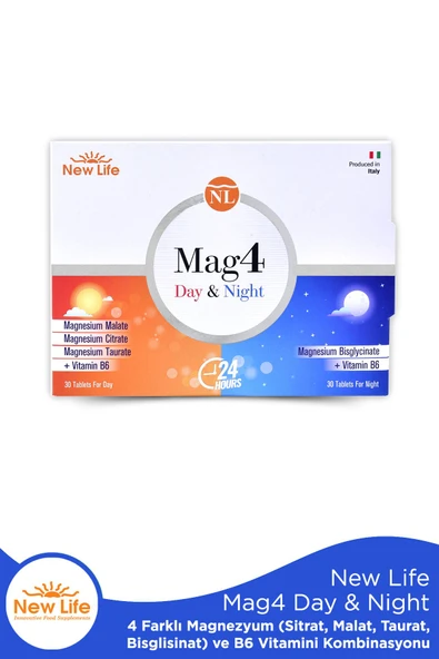 NEW LİFE Mag4 Day & Night Magnezyum 60 Tablet Sitrat - Malat - Taurat - Bisglisinat - B6 Vitamini