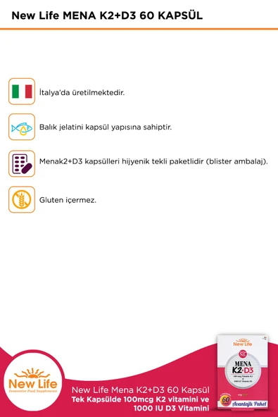 NEW LİFE Mena K2 D3 60 Kapsül - 100mcg K2 Vitamini + 1000IU D3 Vitamini - Resim 3