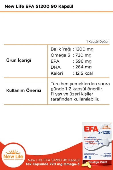 NEW LİFE Efa S-1200 90 Kapsül Balık Yağı - 720 Mg Omega 3 - 396 Mg EPA - 264 Mg DHA - Resim 2
