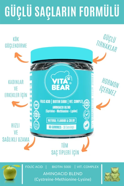 VİTA BEAR Çiğnenebilir Saç Vitamini Strong Hair 60 Gummy - 3