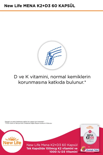 NEW LİFE Mena K2 D3 60 Kapsül - 100mcg K2 Vitamini + 1000IU D3 Vitamini - Resim 4