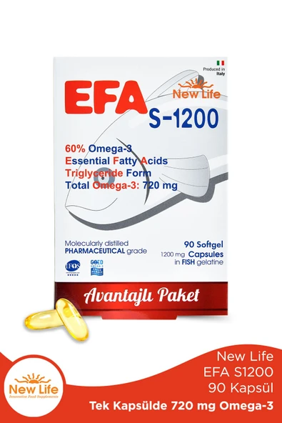 NEW LİFE Efa S-1200 90 Kapsül Balık Yağı - 720 Mg Omega 3 - 396 Mg EPA - 264 Mg DHA