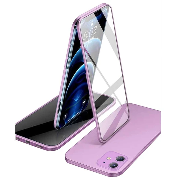 Apple iPhone 12 Uyumlu 360 Derece Tam Kaplayan Cam Kapak Kılıf - Resim 8