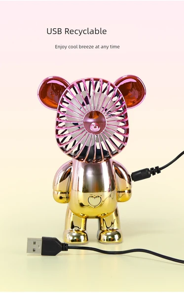 USB Şiddetli Ayı Elektrolizli Çizgi Film Masa Fanı - Taşınabilir Fan - Moran Yeşil - 11