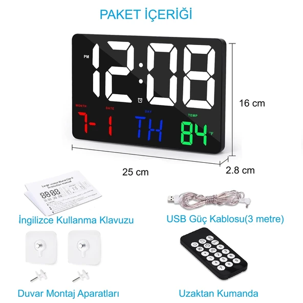 HyMark Dijital Duvar Saati Renkli HD LED Ekran 25X16 Cm Tarih Gün Sıcaklık Alarm USB Dekoratif - 7