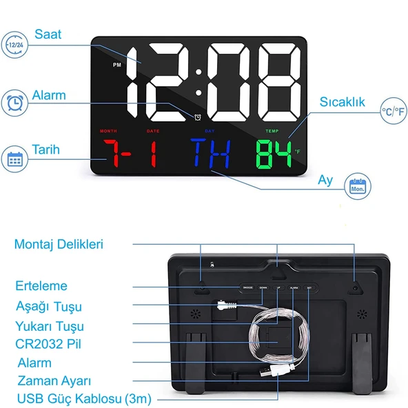 HyMark Dijital Duvar Saati Renkli HD LED Ekran 25X16 Cm Tarih Gün Sıcaklık Alarm USB Dekoratif - 5
