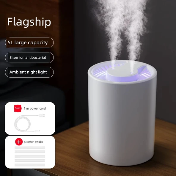 USB Büyük Kapasiteli Çift Sprey Sessiz Nemlendirici - 5L Bayrak Modeli Çift Başlı Büyük Sprey + 5 Pamuk Çubuğu