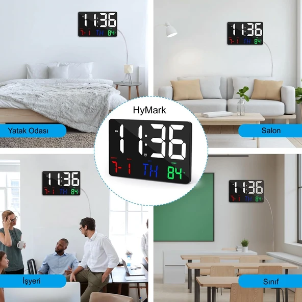 HyMark Dijital Duvar Saati Renkli HD LED Ekran 25X16 Cm Tarih Gün Sıcaklık Alarm USB Dekoratif - 6