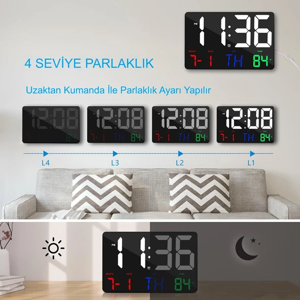 HyMark Dijital Duvar Saati Renkli HD LED Ekran 25X16 Cm Tarih Gün Sıcaklık Alarm USB Dekoratif - 4
