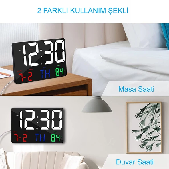 HyMark Dijital Duvar Saati Renkli HD LED Ekran 25X16 Cm Tarih Gün Sıcaklık Alarm USB Dekoratif - 3