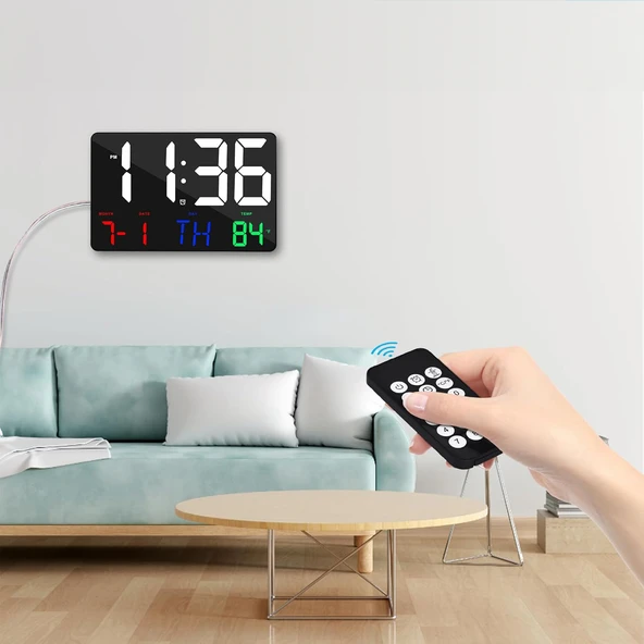 HyMark Dijital Duvar Saati Renkli HD LED Ekran 25X16 Cm Tarih Gün Sıcaklık Alarm USB Dekoratif